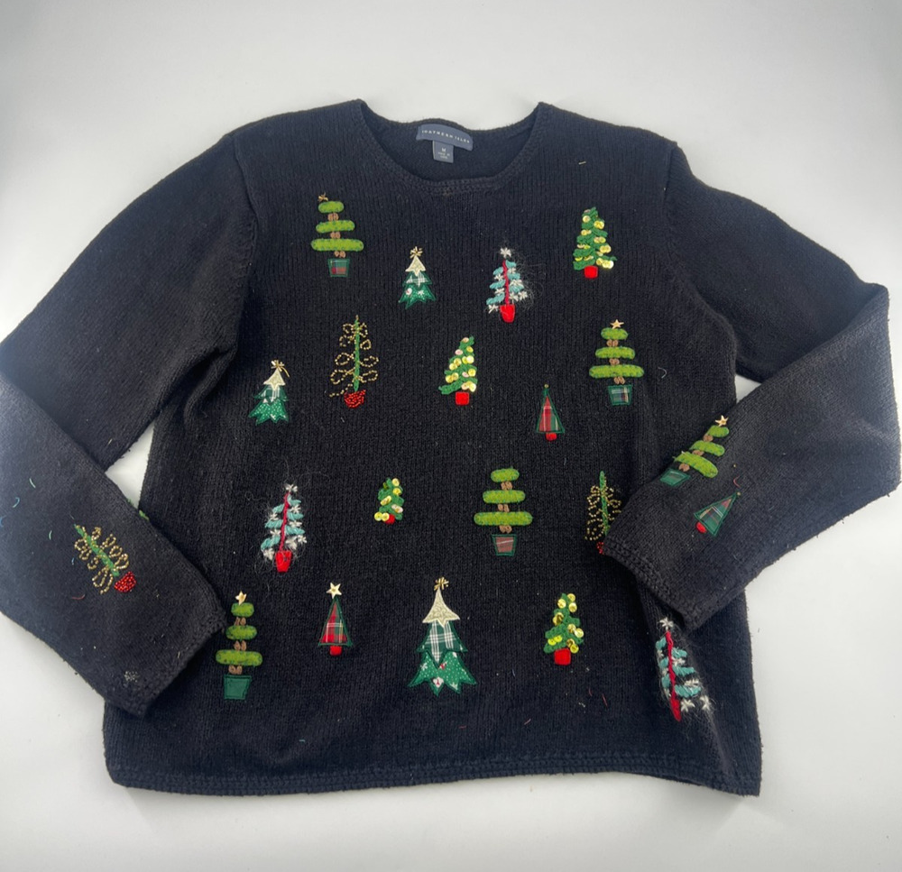 Vintage Northern Isles Womens Medium Black Christmas Trees Embroidered Holiday